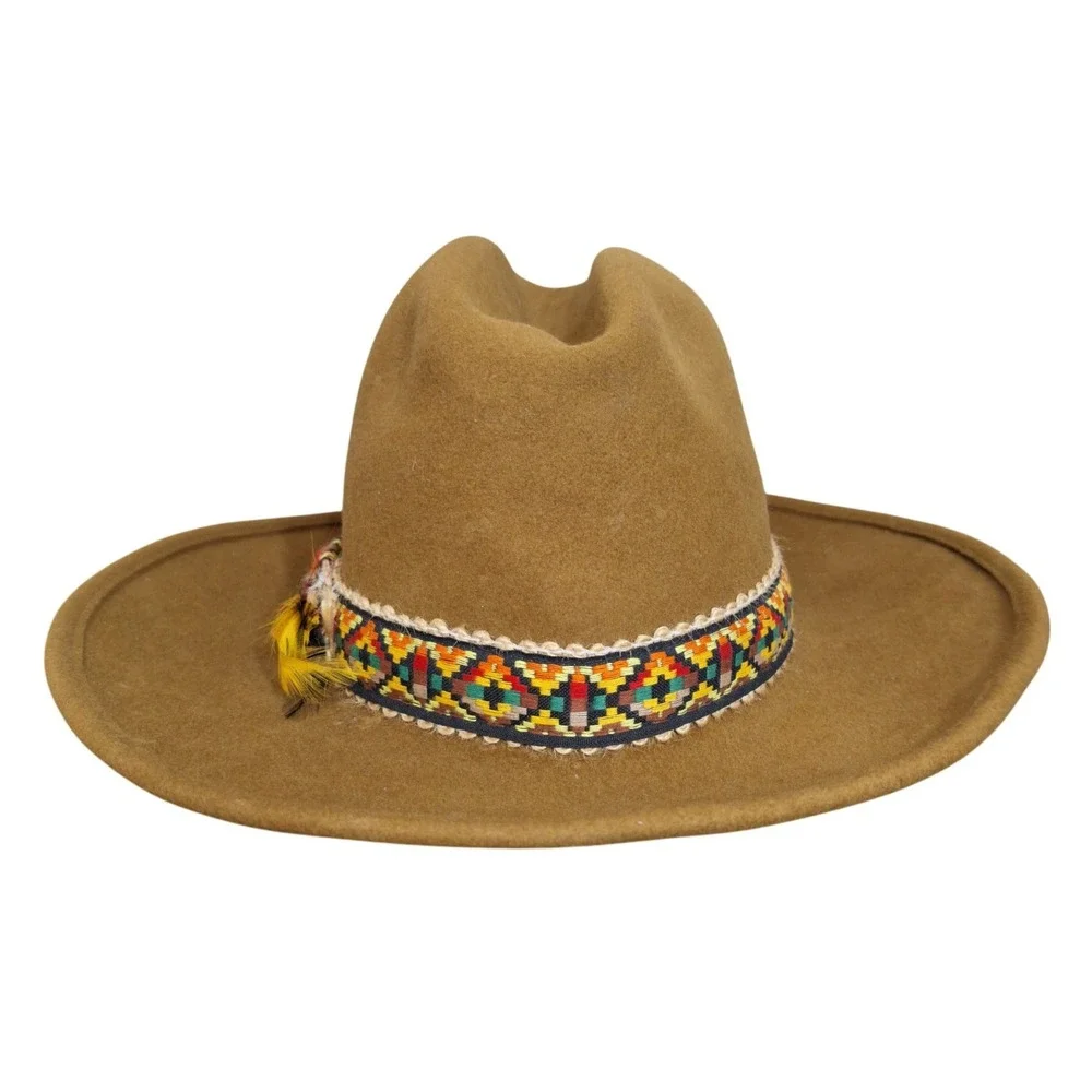 Imperial Merino Cowboy Hat Mens Tan Wool Felt Western Band Feather Vintage